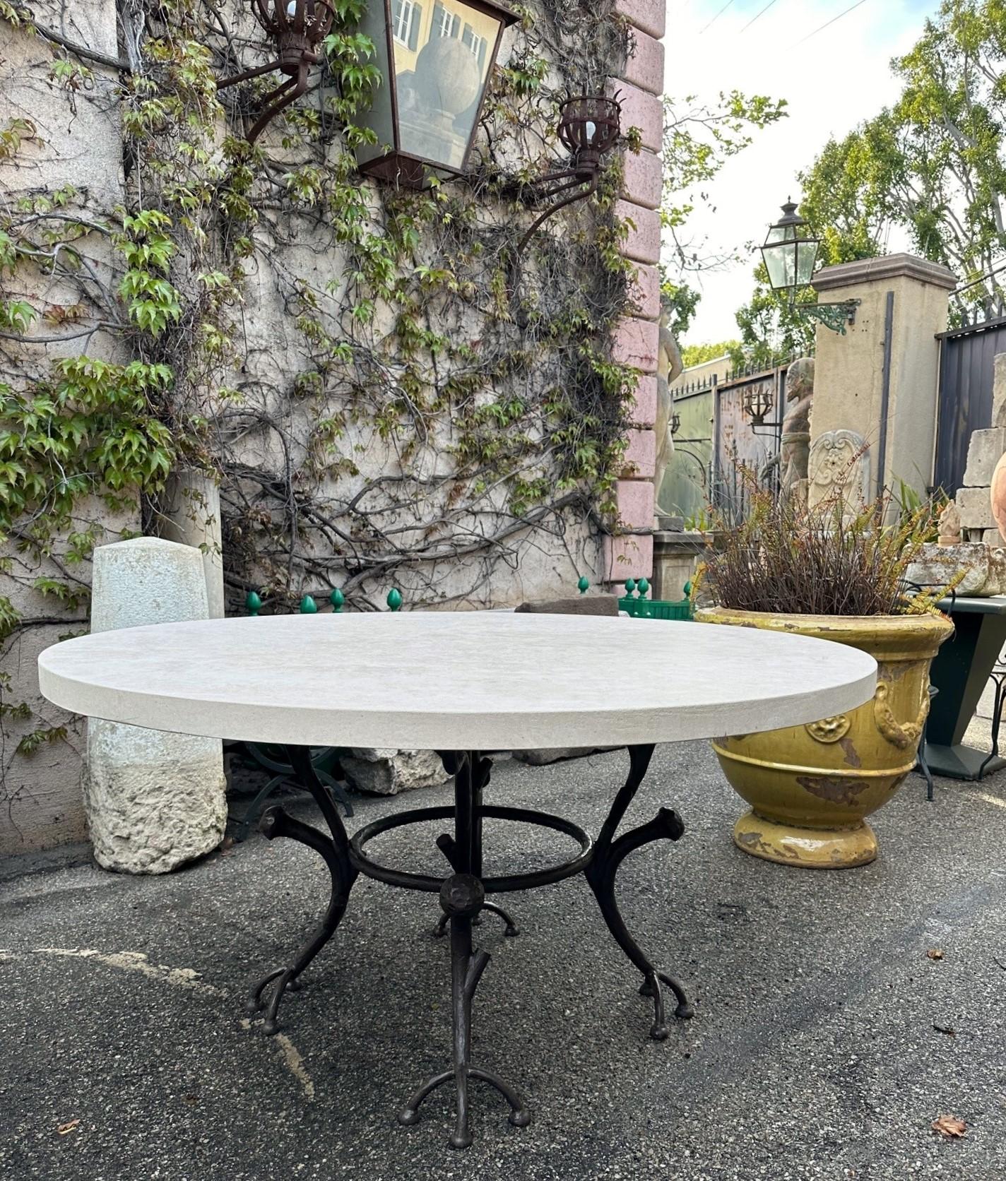 Large Round Carved Stone & Iron Garden Patio Dining Table Giacometti Style LA CA 6