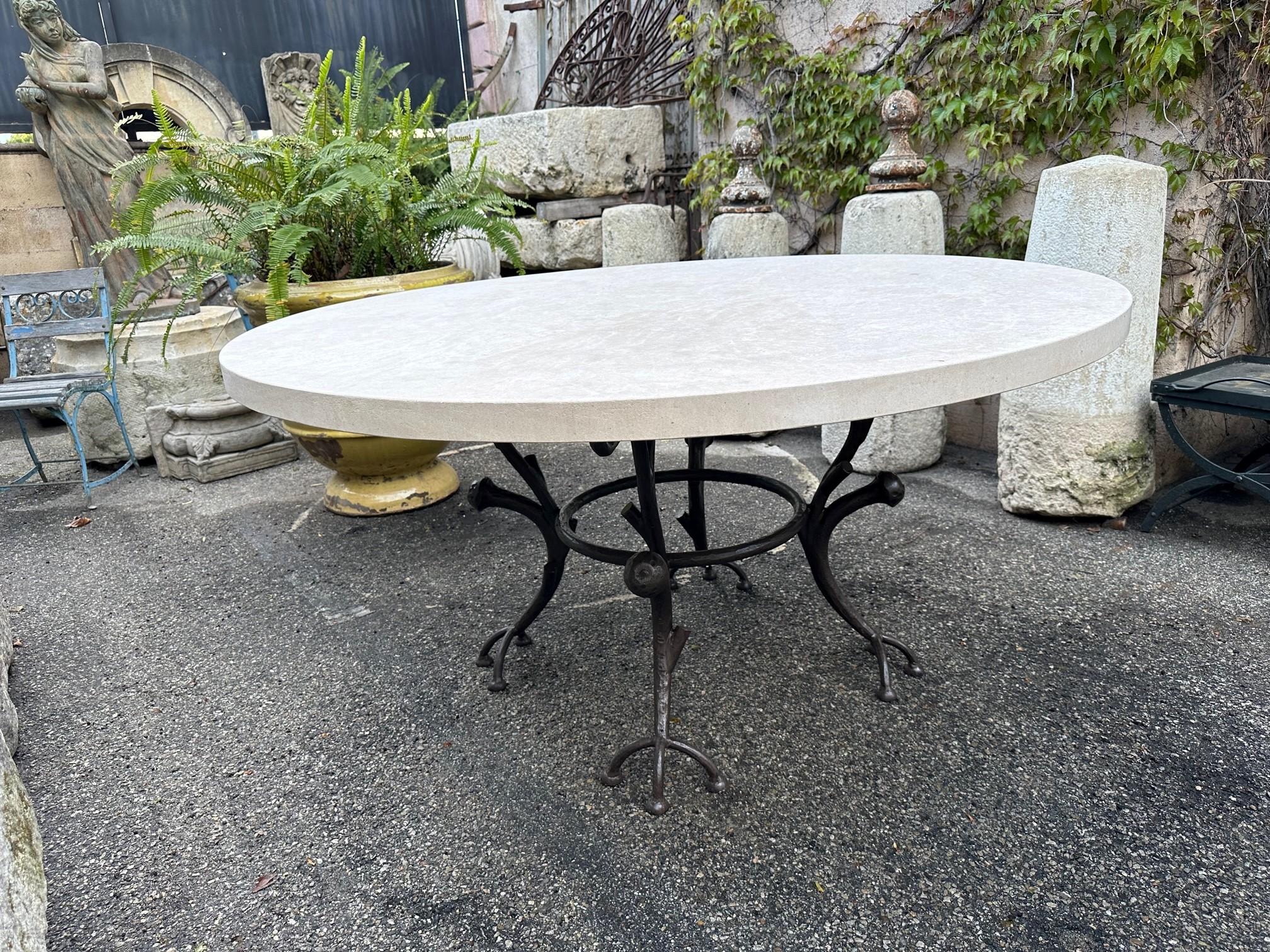Large Round Carved Stone & Iron Garden Patio Dining Table Giacometti Style LA CA 8