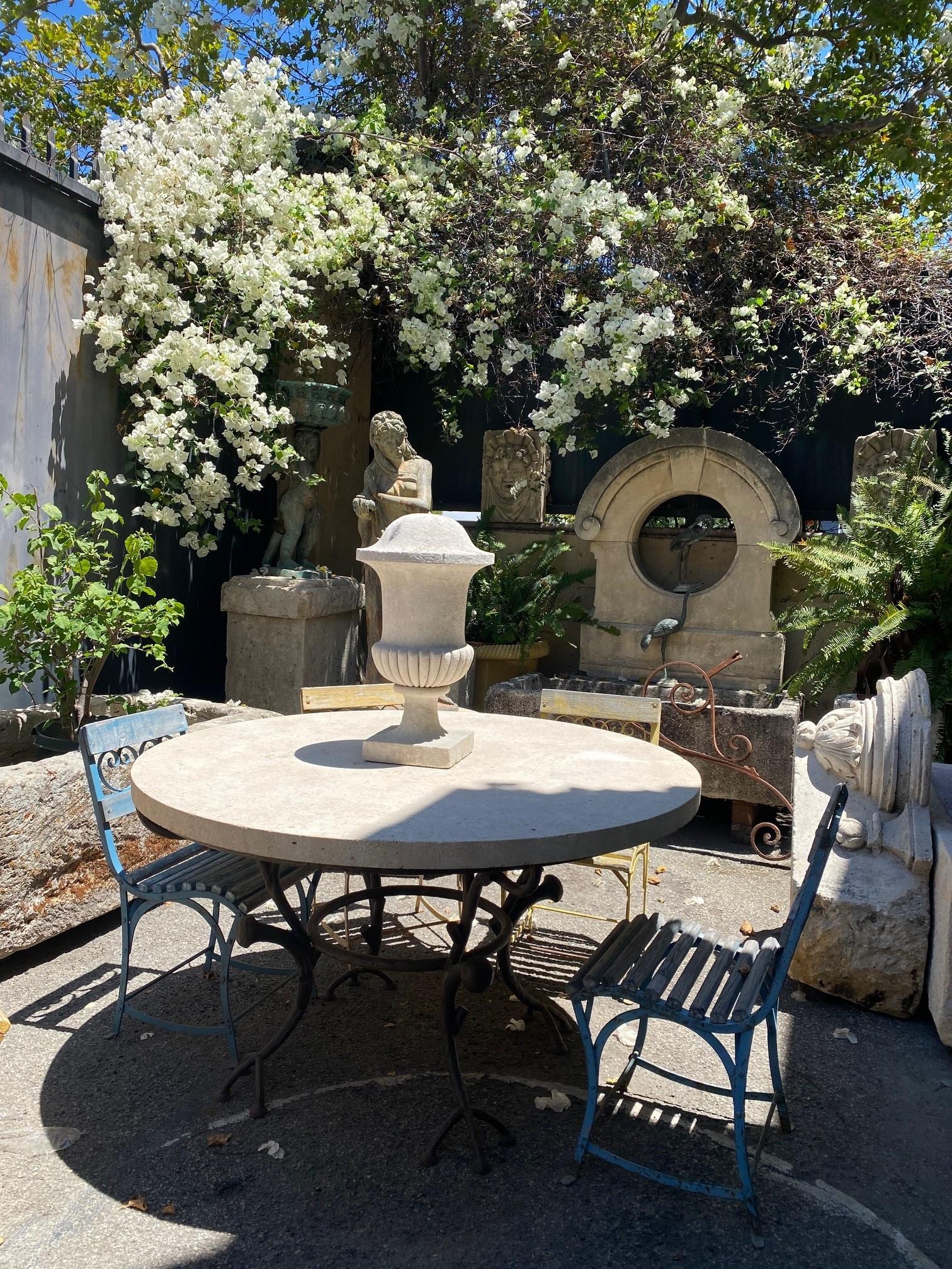 French Large Round Carved Stone & Iron Garden Patio Dining Table Giacometti Style LA CA