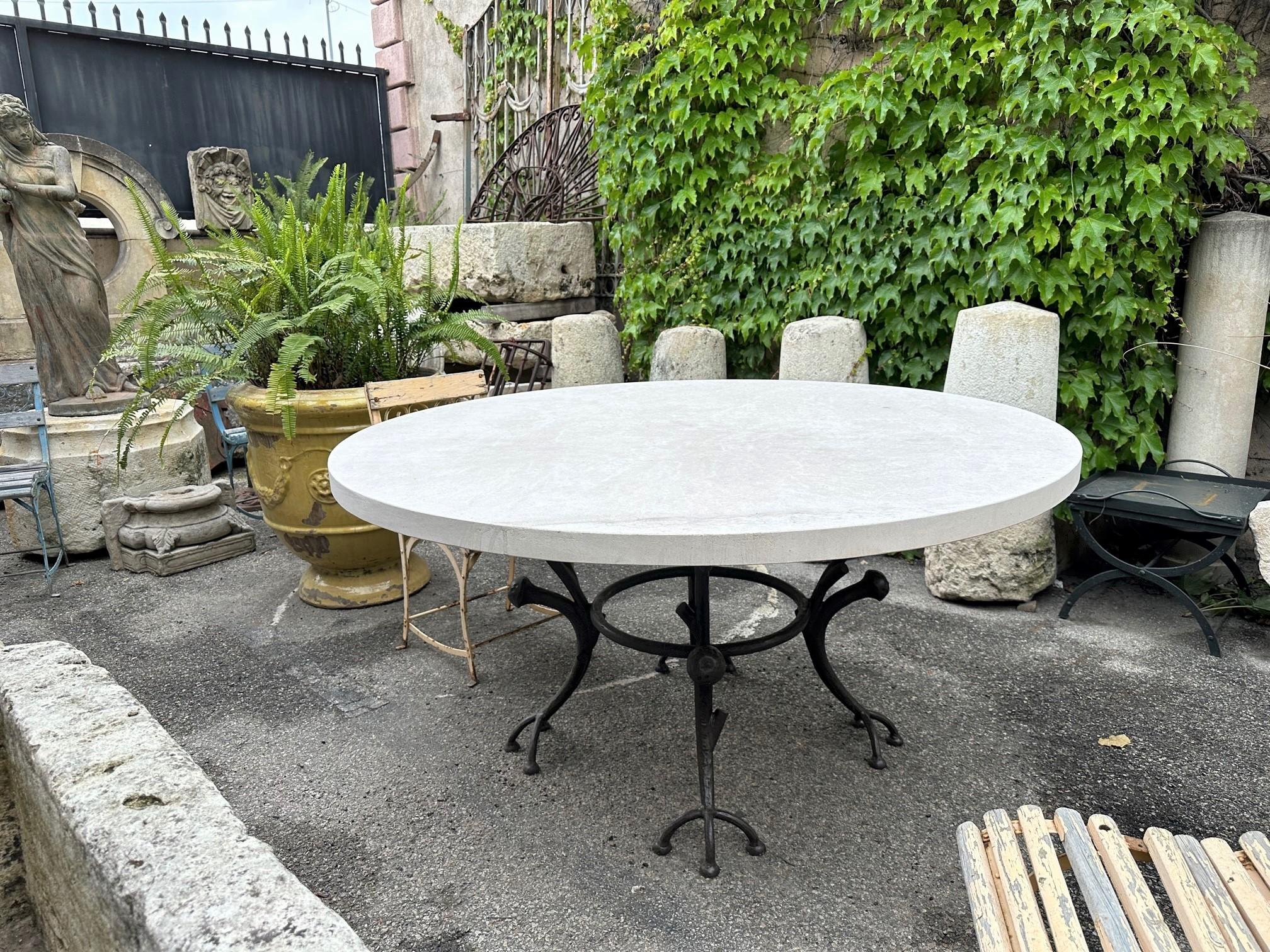 French Large Round Carved Stone & Iron Garden Patio Dining Table Giacometti Style LA CA