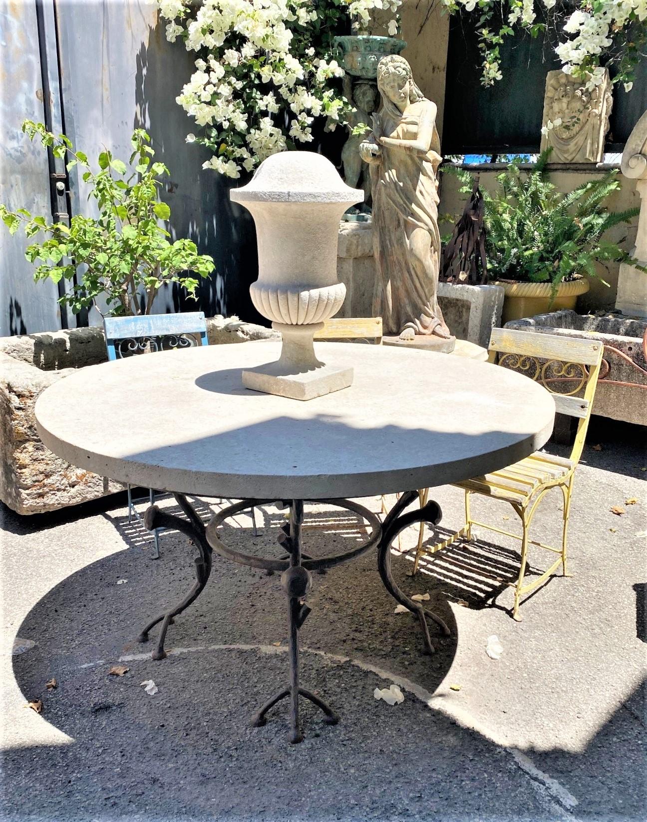20th Century Large Round Carved Stone & Iron Garden Patio Dining Table Giacometti Style LA CA