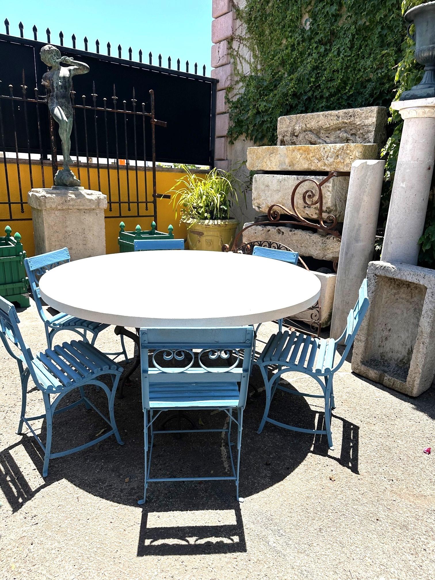 Metal Large Round Carved Stone & Iron Garden Patio Dining Table Giacometti Style LA CA