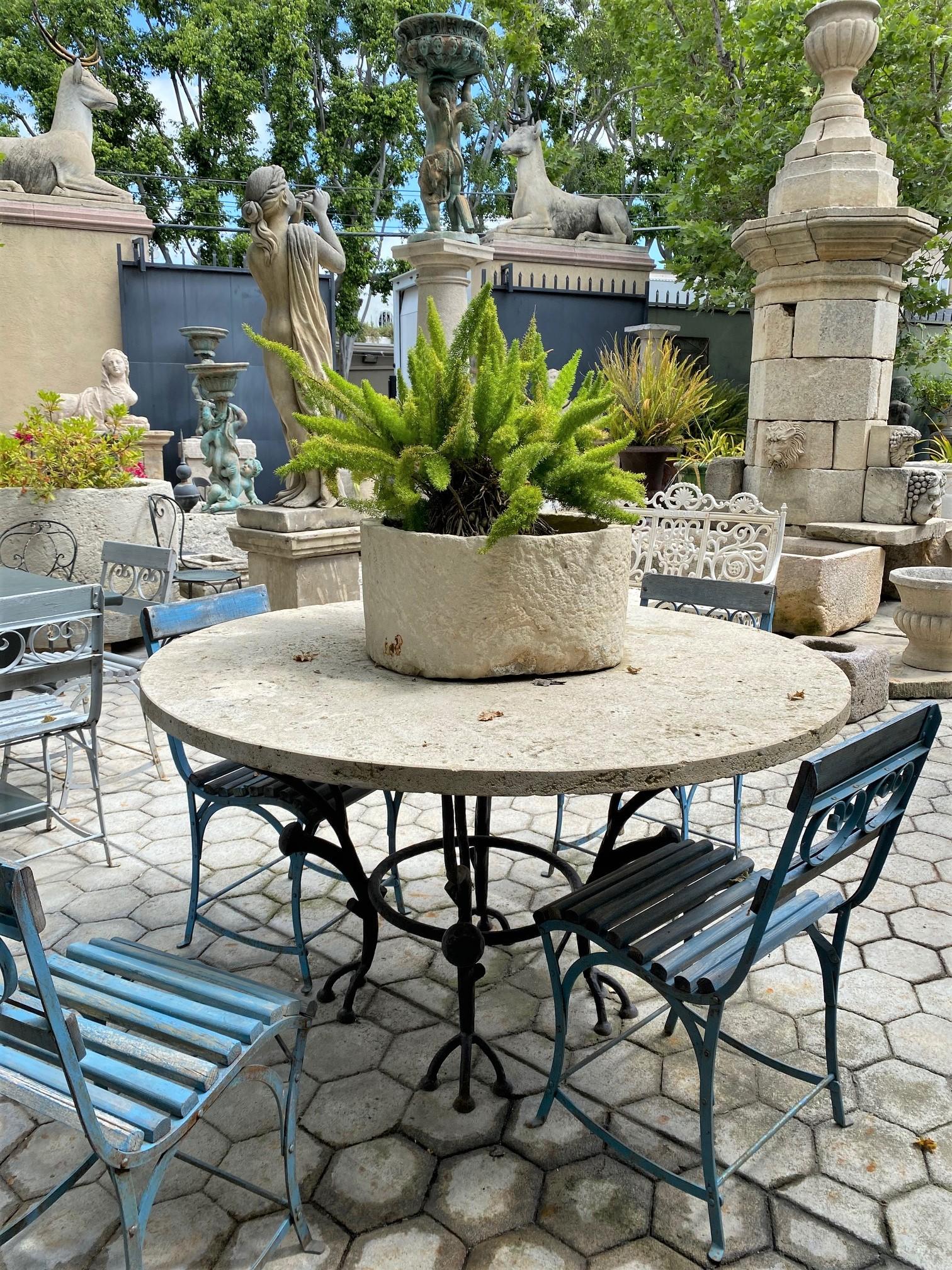 Metal Large Round Carved Stone & Iron Garden Patio Dining Table Giacometti Style LA CA