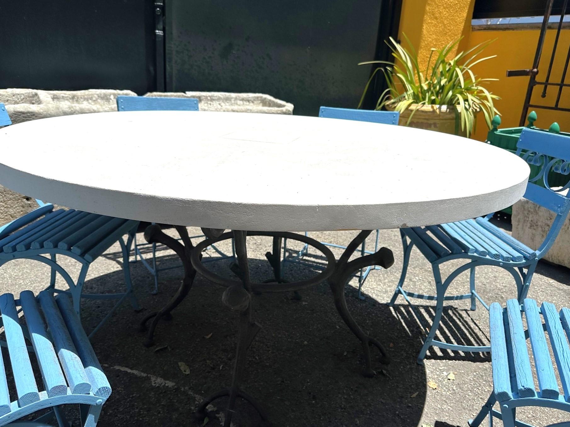 Large Round Carved Stone & Iron Garden Patio Dining Table Giacometti Style LA CA 3
