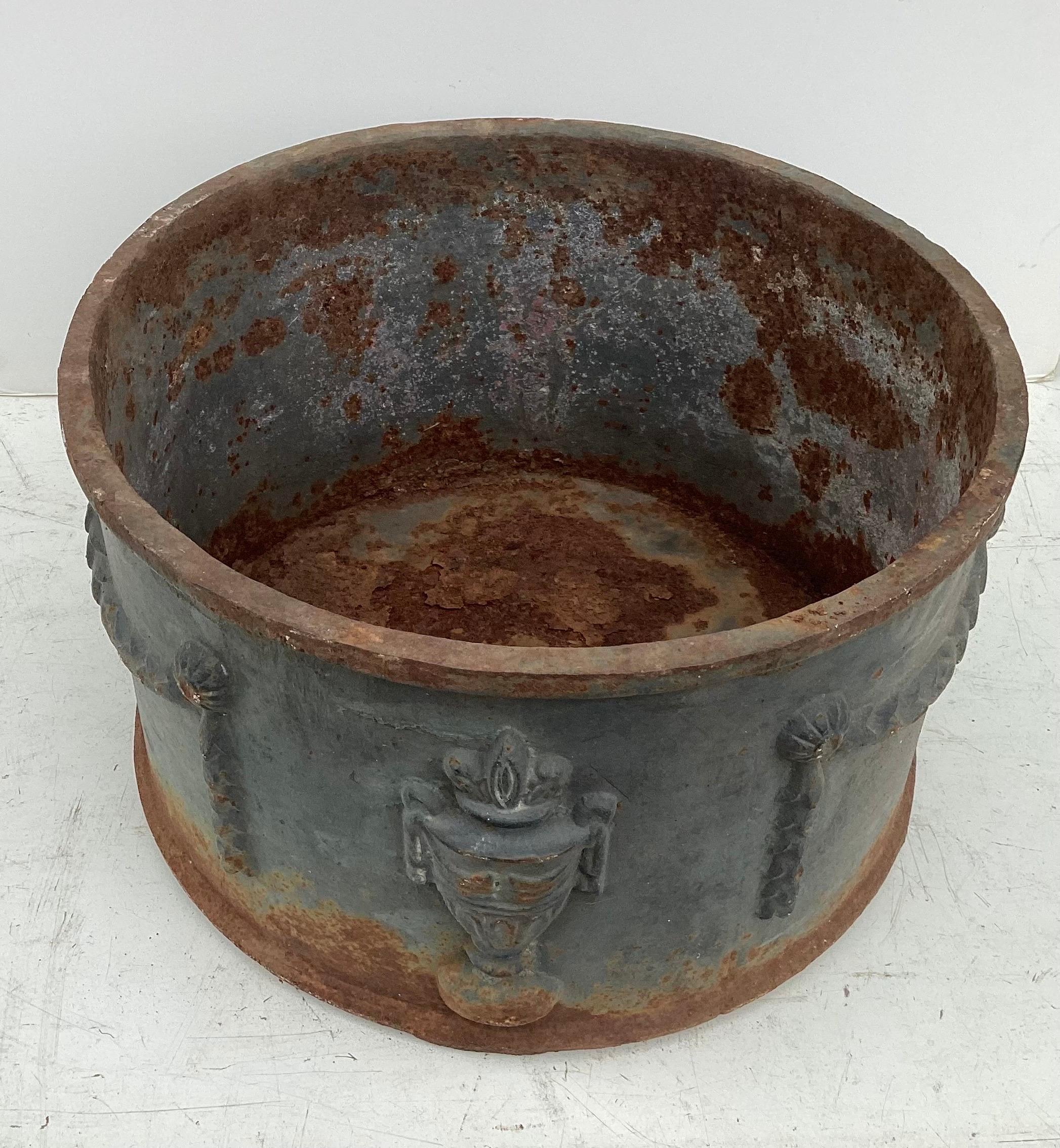American Large Round Cast Iron Planter with Greek Motif For Sale