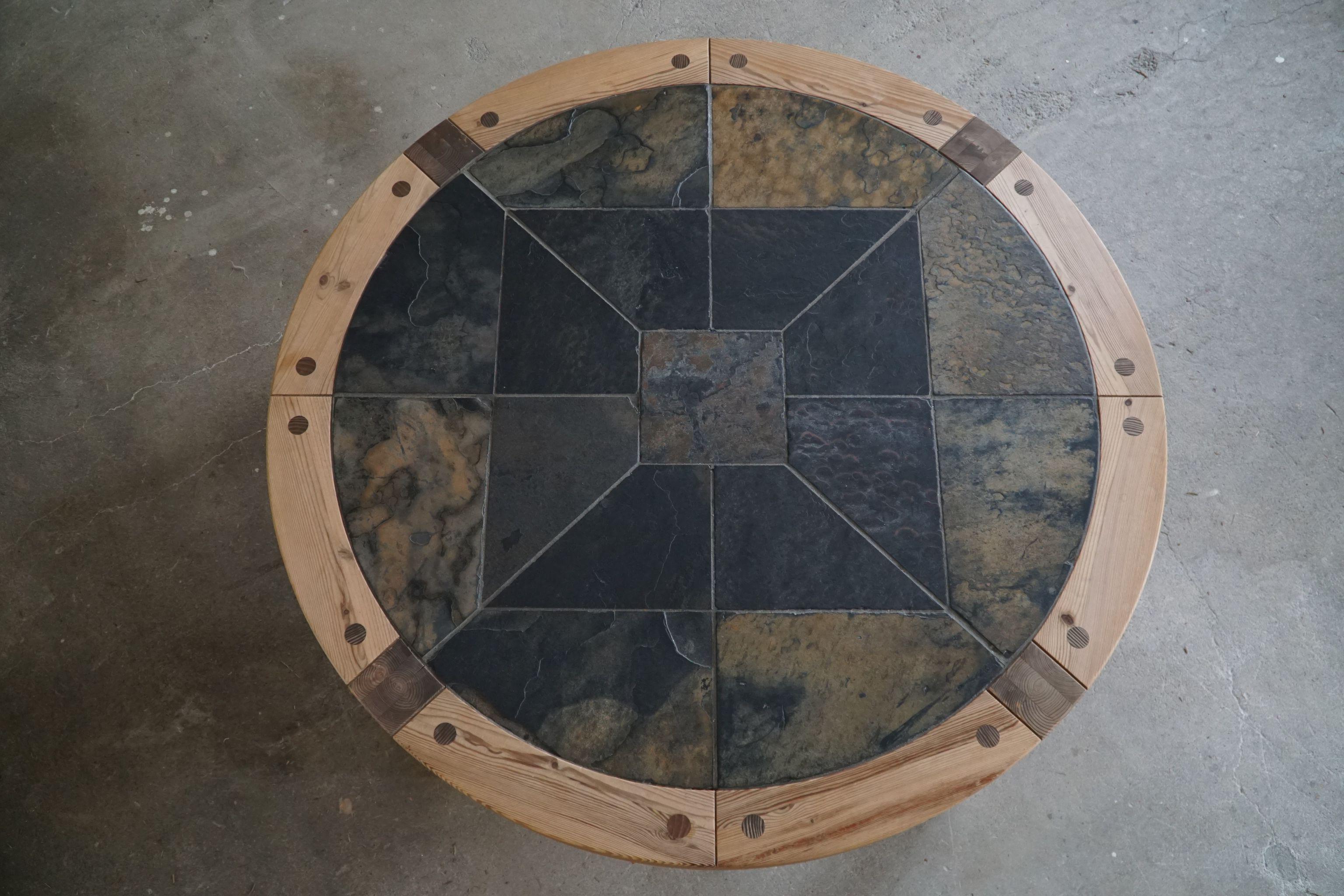 Large Round Coffee Table in Pine & Ceramic by Sallingboe, Danish Design, 1970s 6
