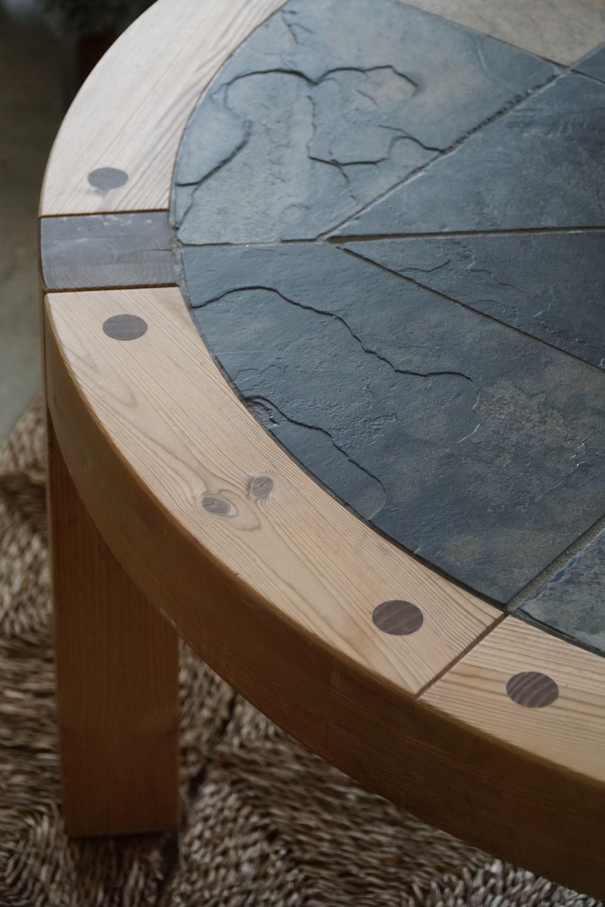Large Round Coffee Table in Pine & Ceramic by Sallingboe, Danish Design, 1970s For Sale 11