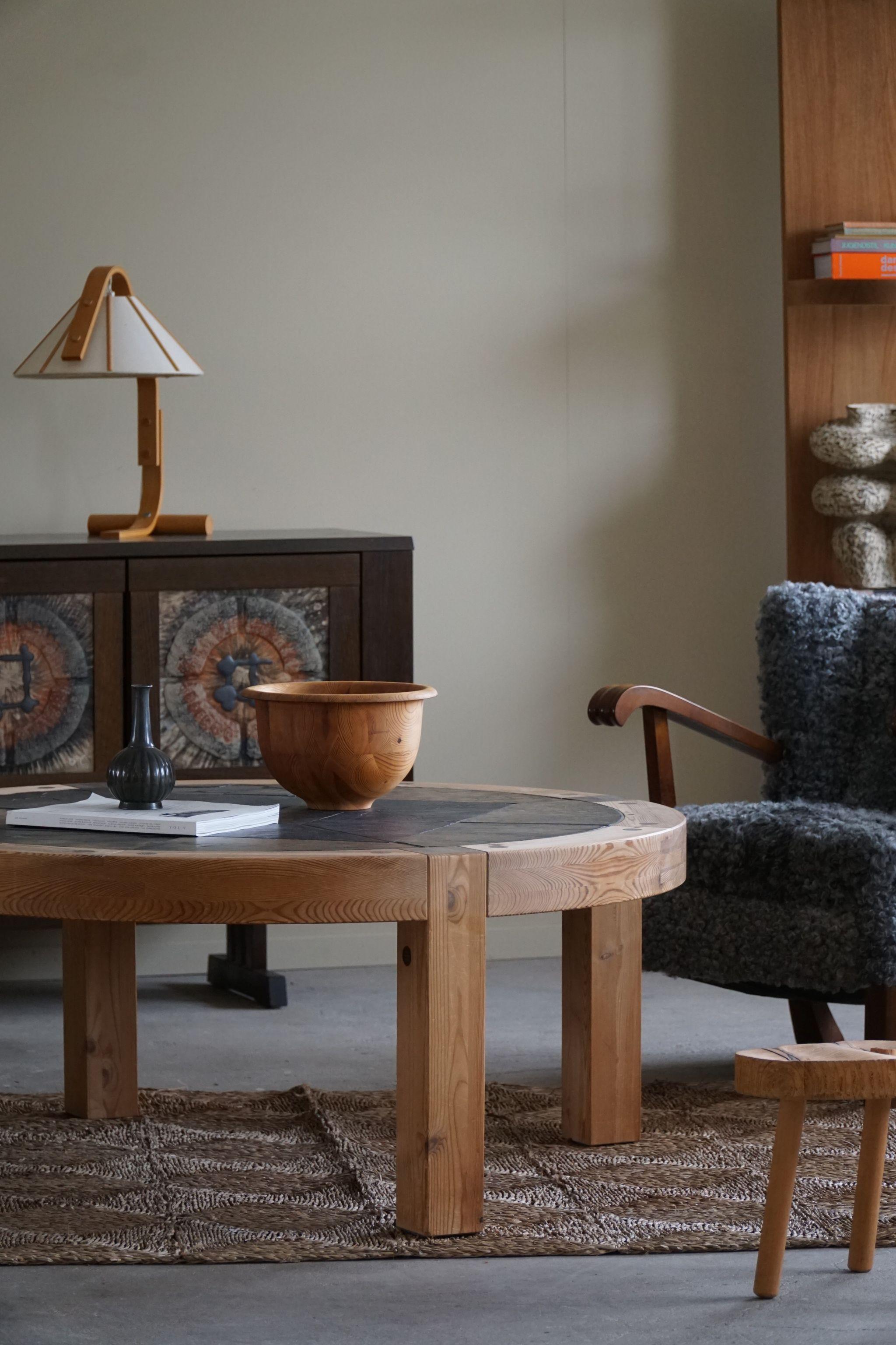 20th Century Large Round Coffee Table in Pine & Ceramic by Sallingboe, Danish Design, 1970s