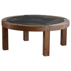 Grande tavolino rotondo in pino e ceramica di Sallingboe, design danese, anni '70