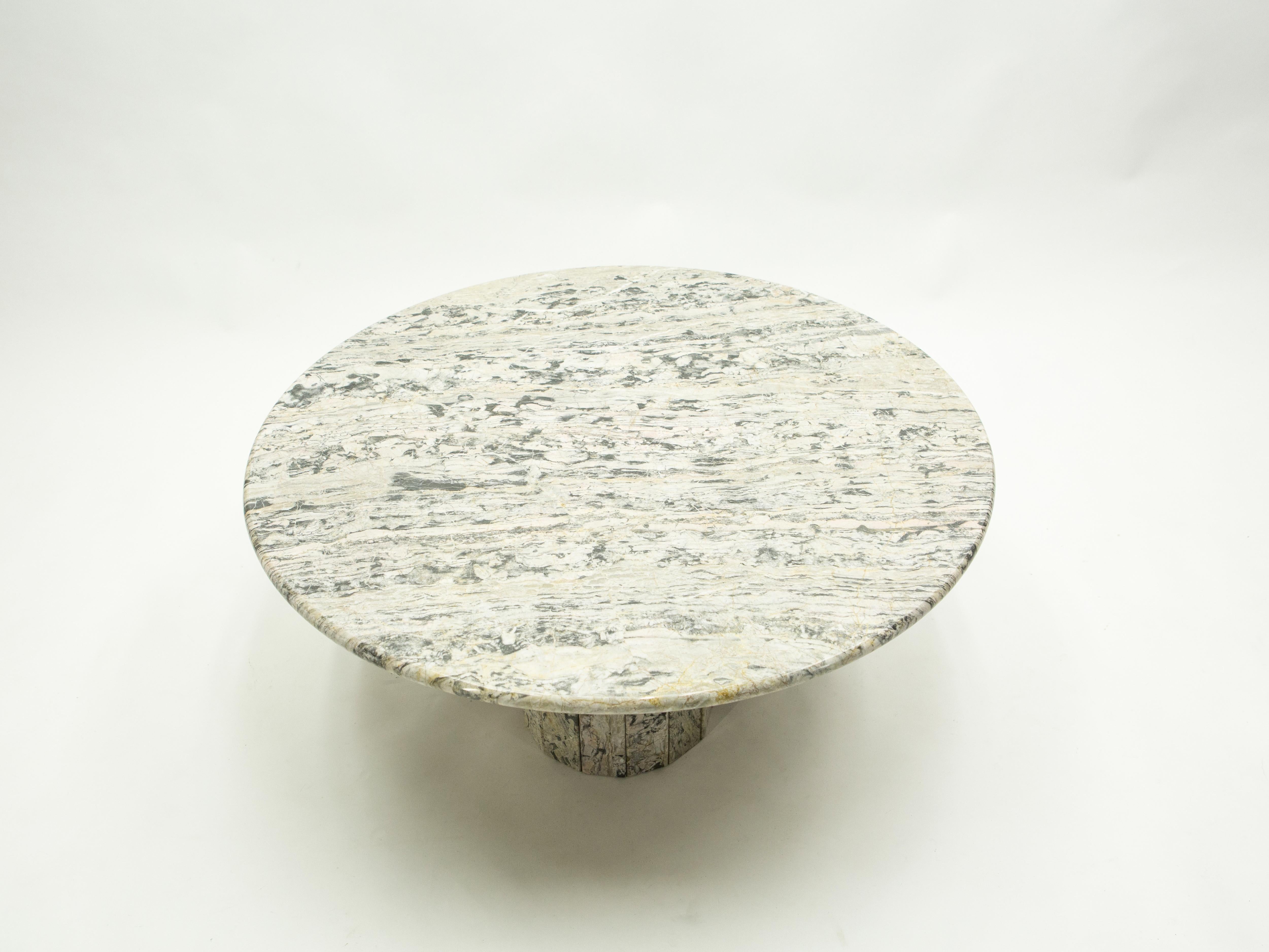French Large Round Coffee Table Made with White Sicilian Marble, 1970s