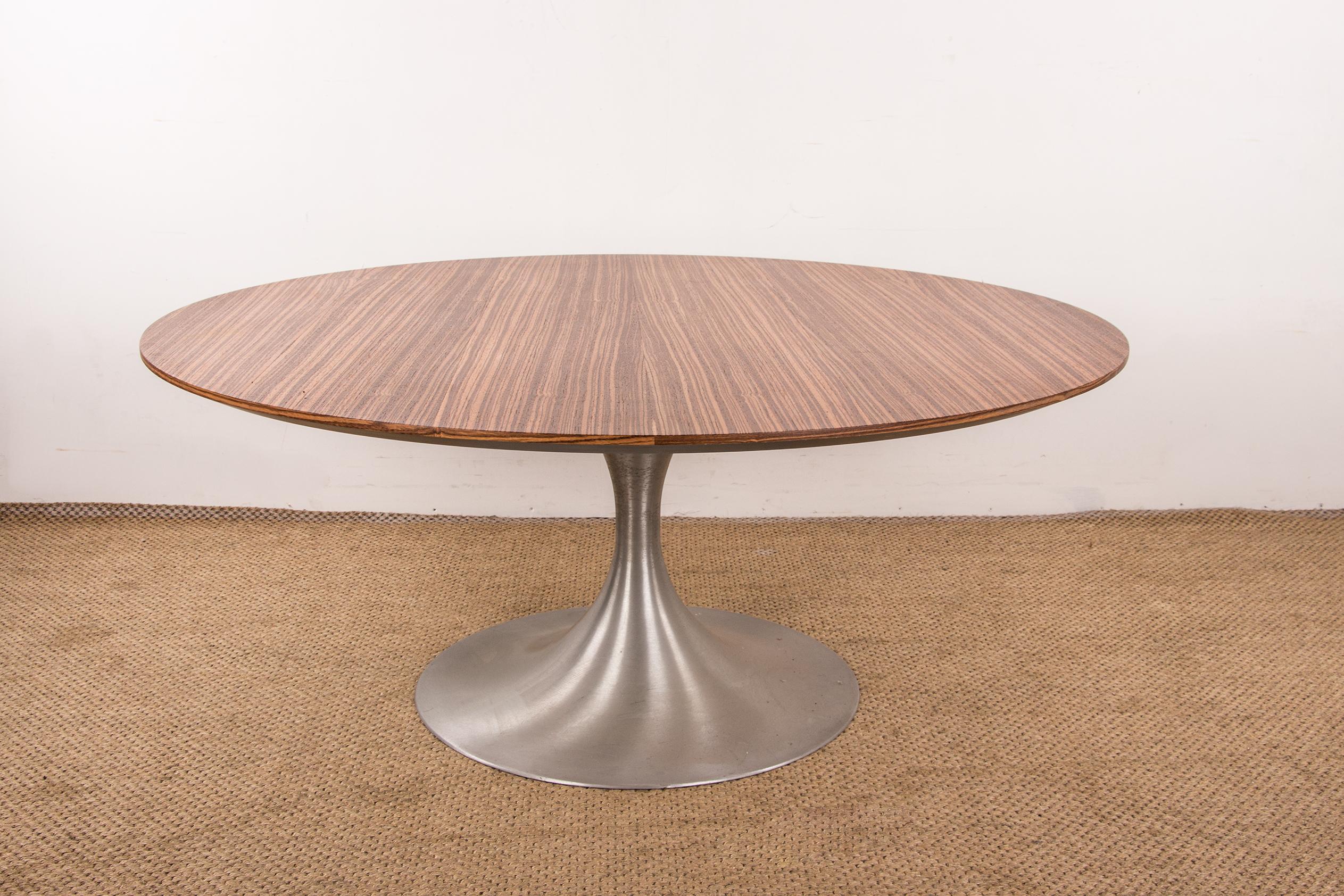 Large round coffee table with Tulip leg in brushed aluminum and Zebrano 1960. For Sale 7