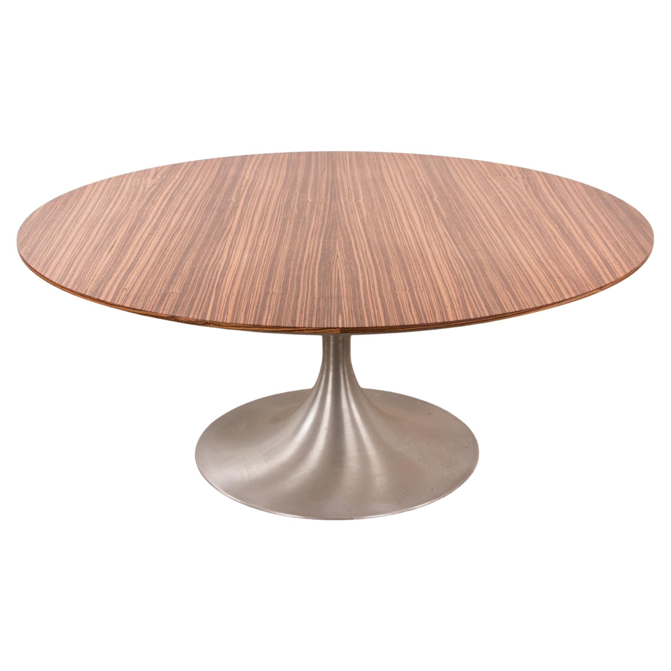 Large round coffee table with Tulip leg in brushed aluminum and Zebrano 1960.