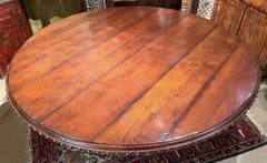 Large Round Continental Walnut Dining Table w/ Carved Pedestal and Nailwork Edge
