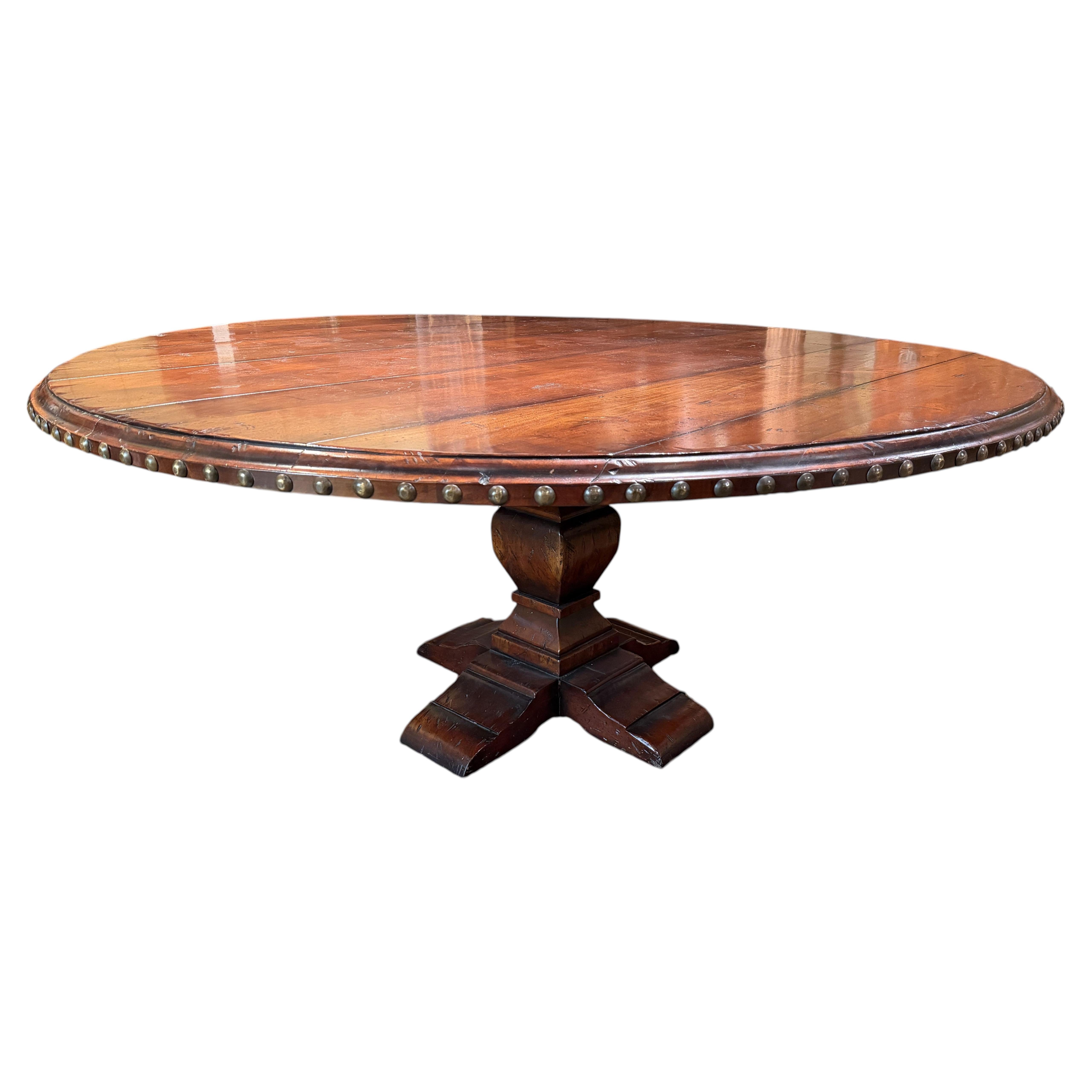Large Round Continental Walnut Dining Table w/ Carved Pedestal and Nailwork Edge
