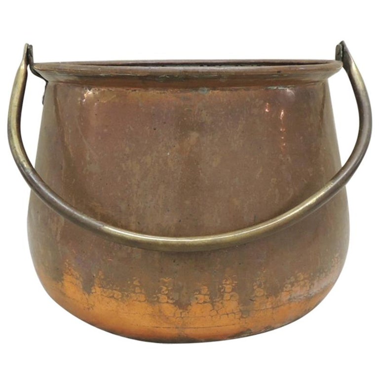 Large Round Copper and Brass Handle Cauldron For Sale at 1stDibs