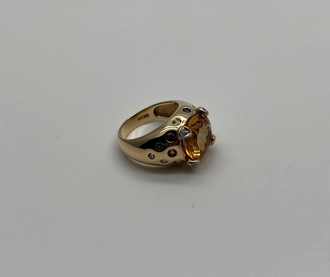 Oval Cut Large Round Cut Orange Citrine Multi Color Gemstones 14K Gold Statement Ring For Sale