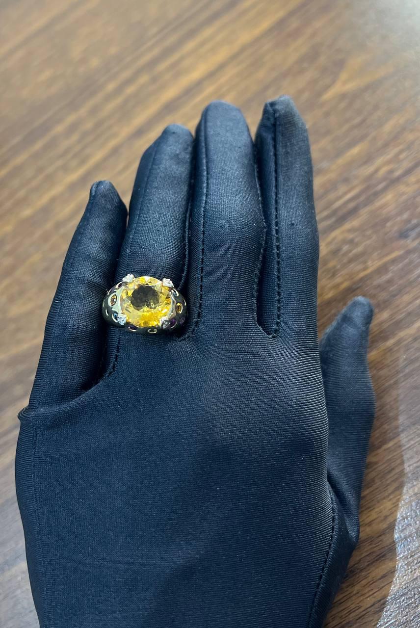 Large Round Cut Orange Citrine Multi Color Gemstones 14K Gold Statement Ring For Sale 1