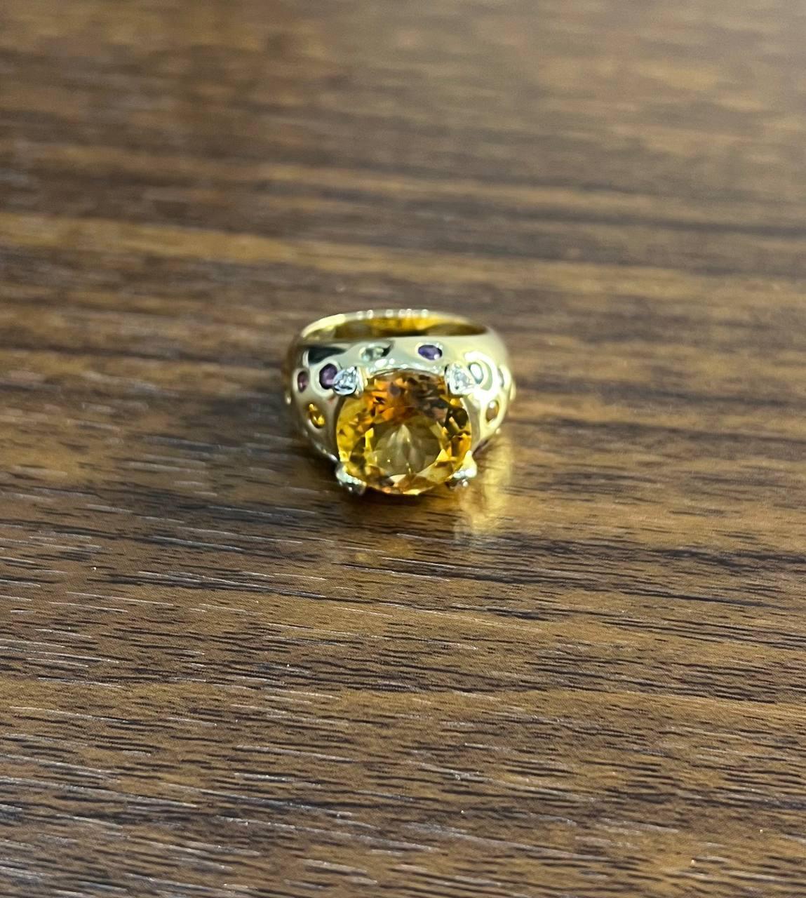 Large Round Cut Orange Citrine Multi Color Gemstones 14K Gold Statement Ring For Sale 2