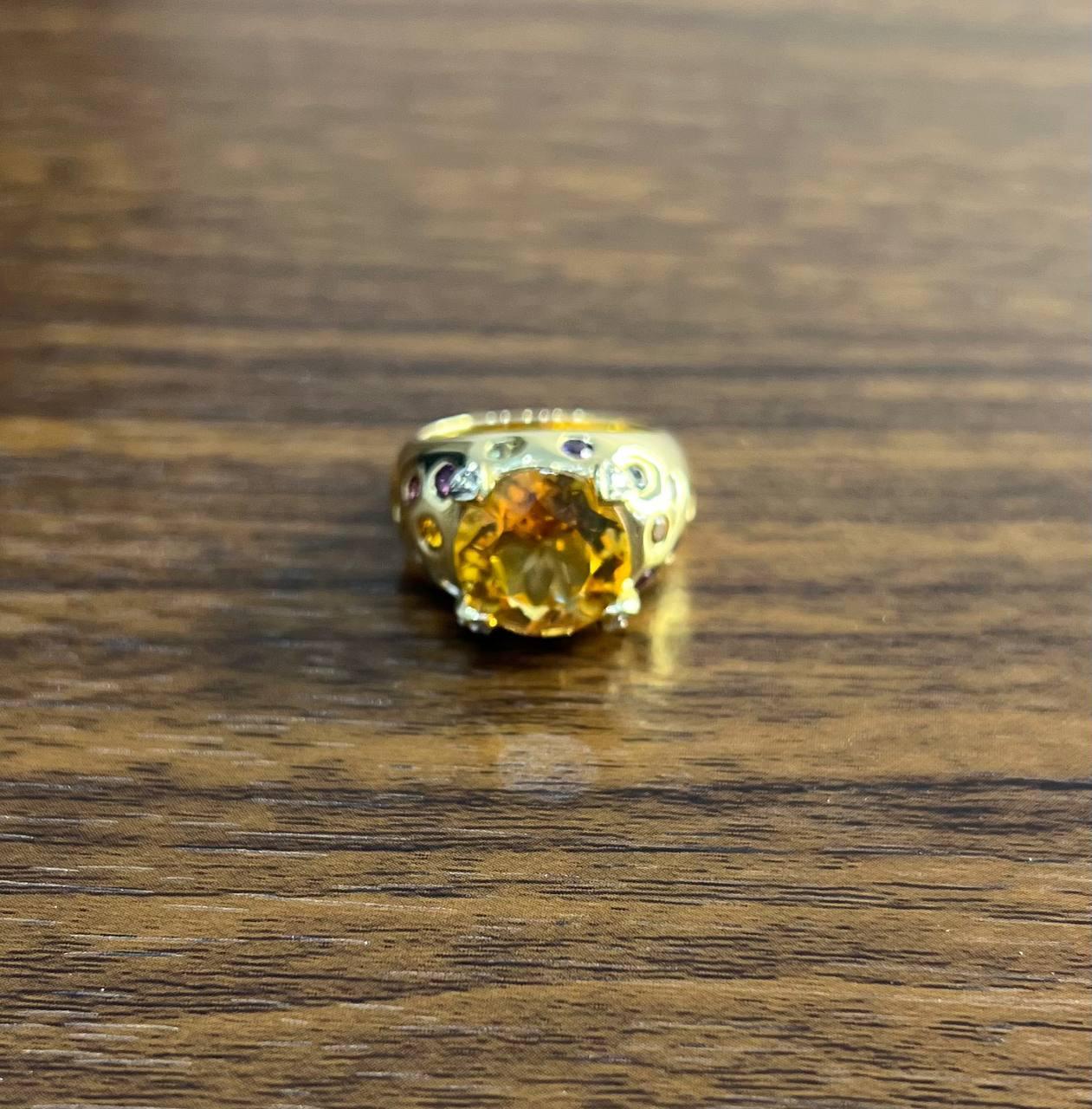 Large Round Cut Orange Citrine Multi Color Gemstones 14K Gold Statement Ring For Sale 3