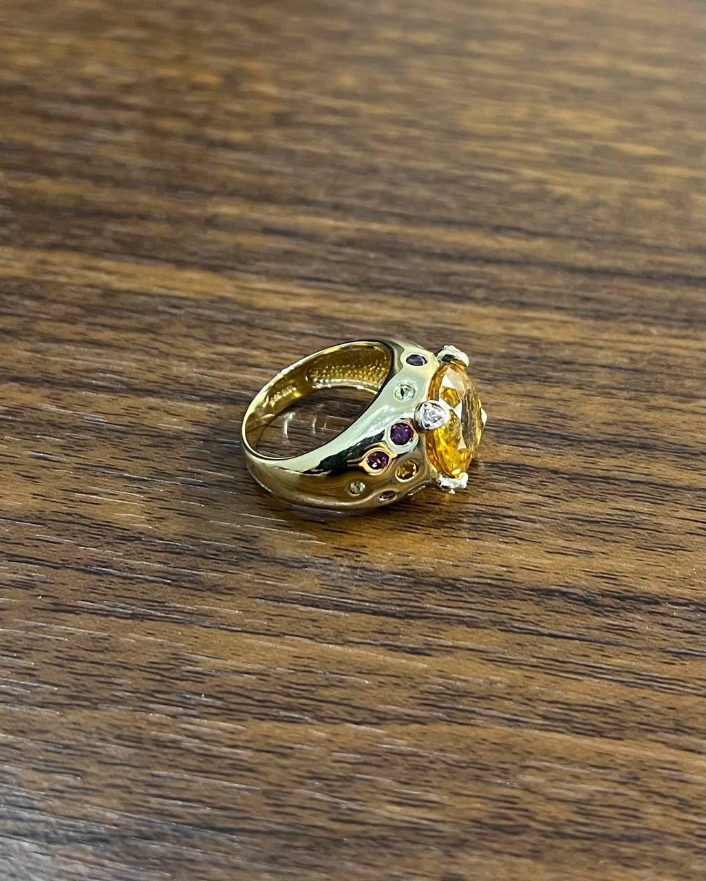 Large Round Cut Orange Citrine Multi Color Gemstones 14K Gold Statement Ring For Sale 4