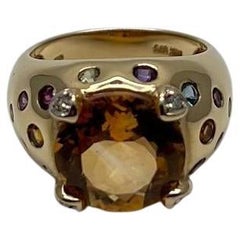 Large Round Cut Orange Citrine Multi Color Gemstones 14K Gold Statement Ring