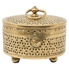 Large Round Decorative Bras Lidded Incense Burner, North India