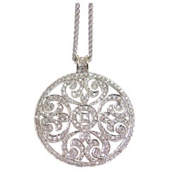 Large Round Diamond Swirl Pendant, 18 Karat White Gold