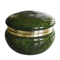 Large Round Emerald Green Alabaster Trinket Box with Hinged Lid, Italy
