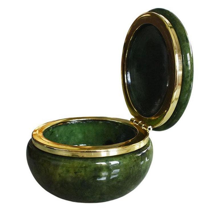 Large Round Emerald Green Alabaster Trinket Box with Hinged Lid, Italy