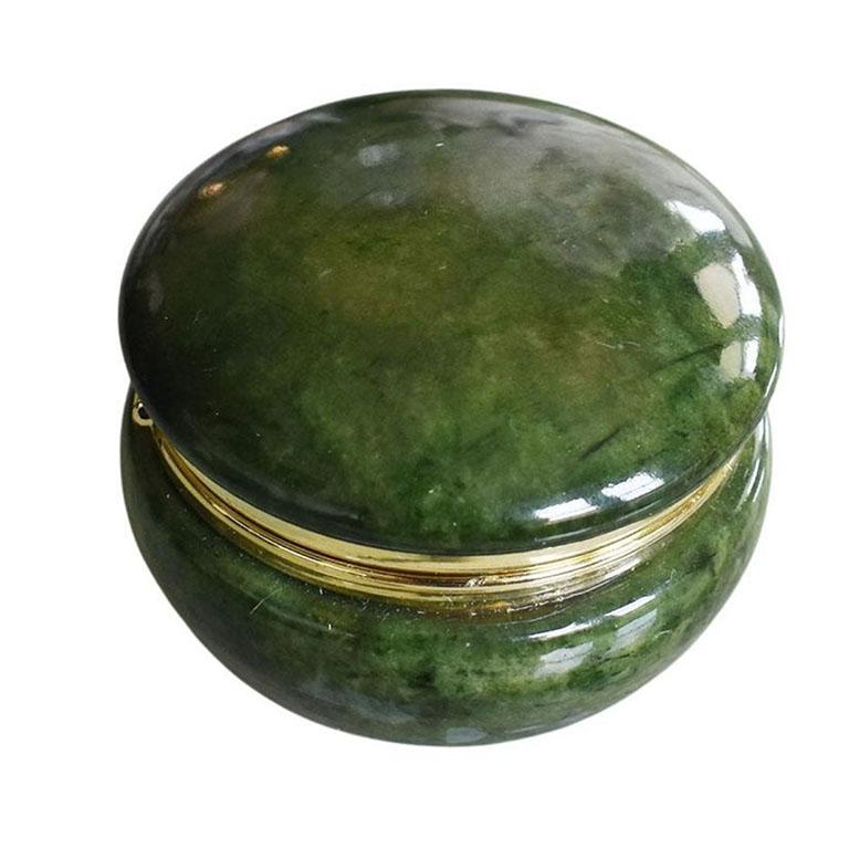 Italian Large Round Emerald Green Alabaster Trinket Box with Hinged Lid, Italy