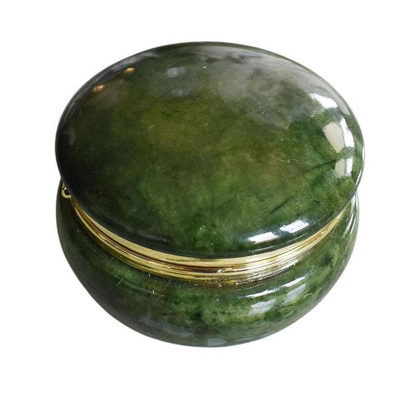 Large Round Emerald Green Alabaster Trinket Box with Hinged Lid, Italy