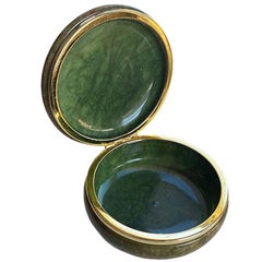 Antique Large Round Emerald Green Alabaster Trinket Box with Hinged Lid, Italy