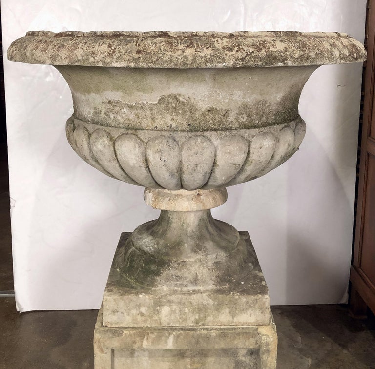 Large Round English Garden Stone Planter or Urn on Square Plinth For Sale at 1stdibs