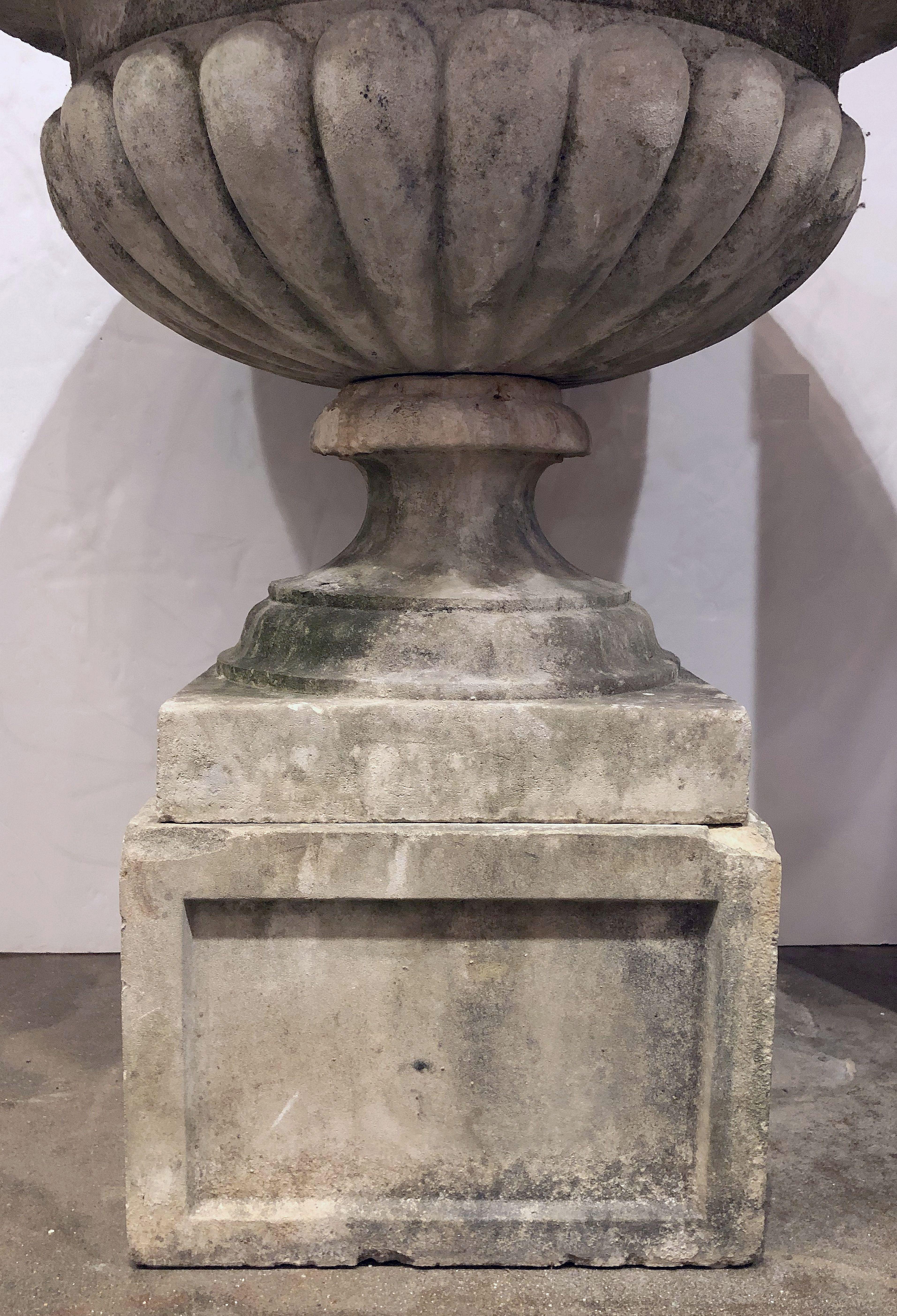 Large Round English Garden Stone Planter or Urn on Square Plinth 5