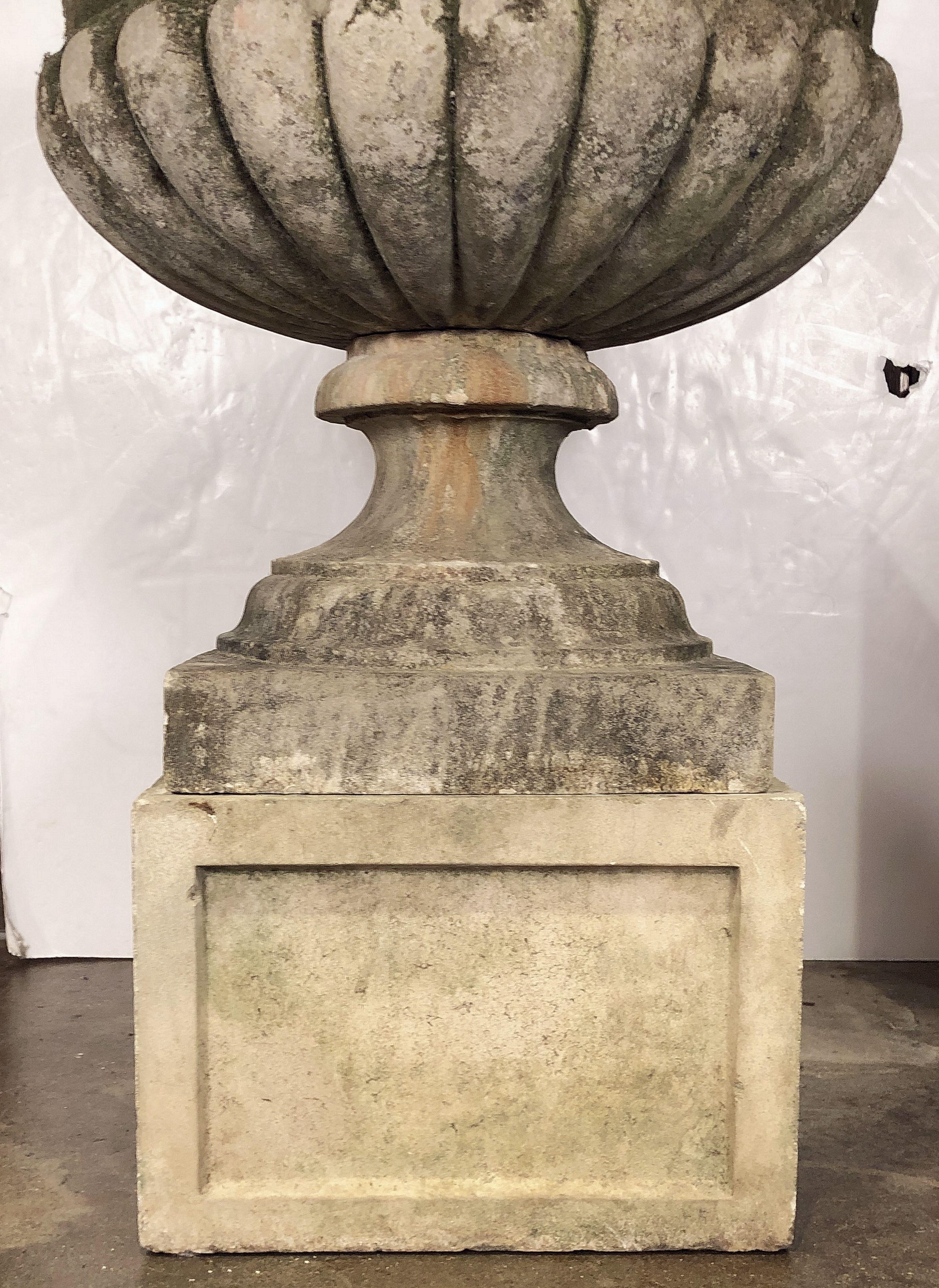 Large Round English Garden Stone Planter or Urn on Square Plinth 12