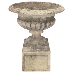 Large Round English Garden Stone Planter or Urn on Square Plinth