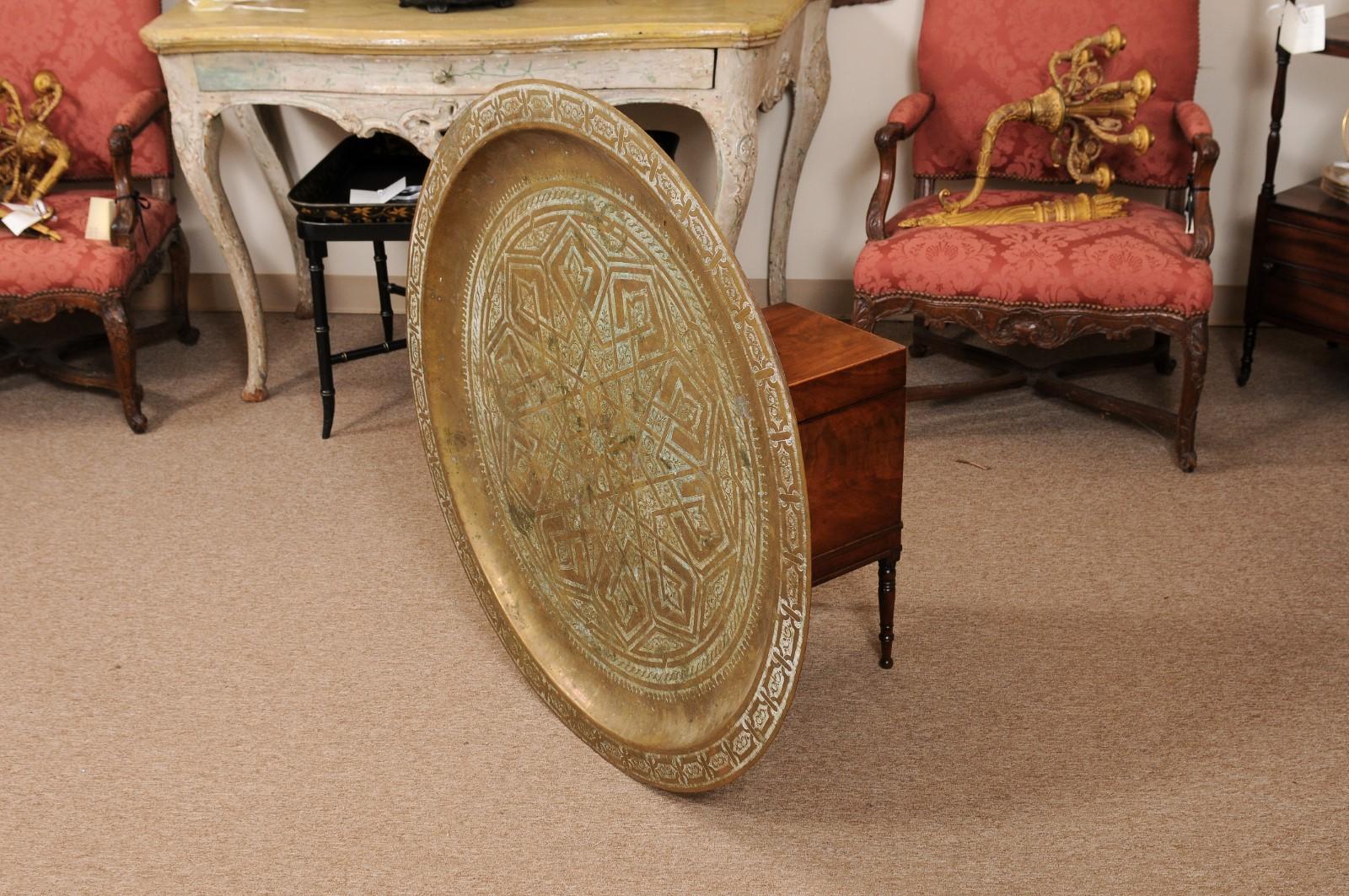Large, Round, Engraved Brass Tray, Early 20th Century Anglo-Indian For Sale 3