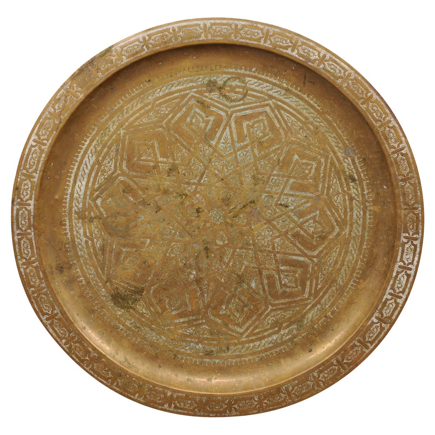 Large, Round, Engraved Brass Tray, Early 20th Century Anglo-Indian For Sale