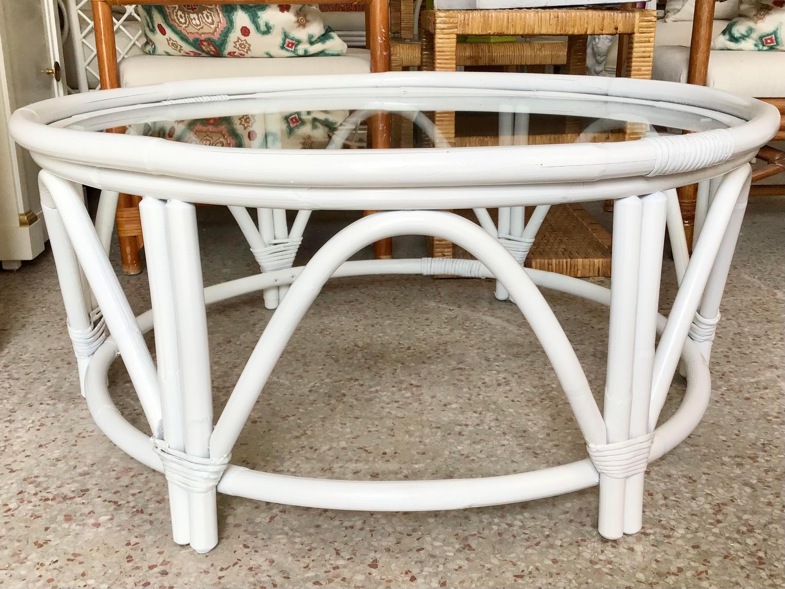 Modern Large Round Ficks Reed White Rattan Coffee Table
