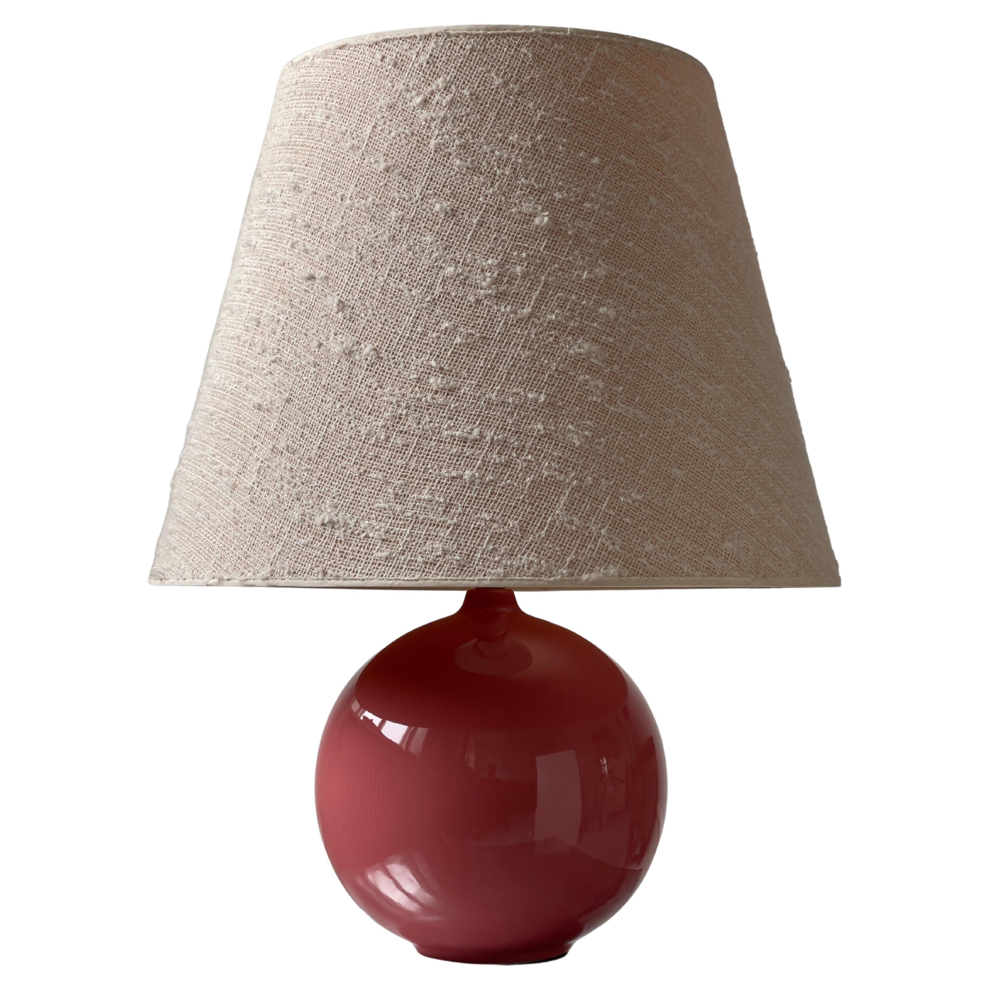 Large Round French Ceramic Table Lamp in in Rose Red Glaze