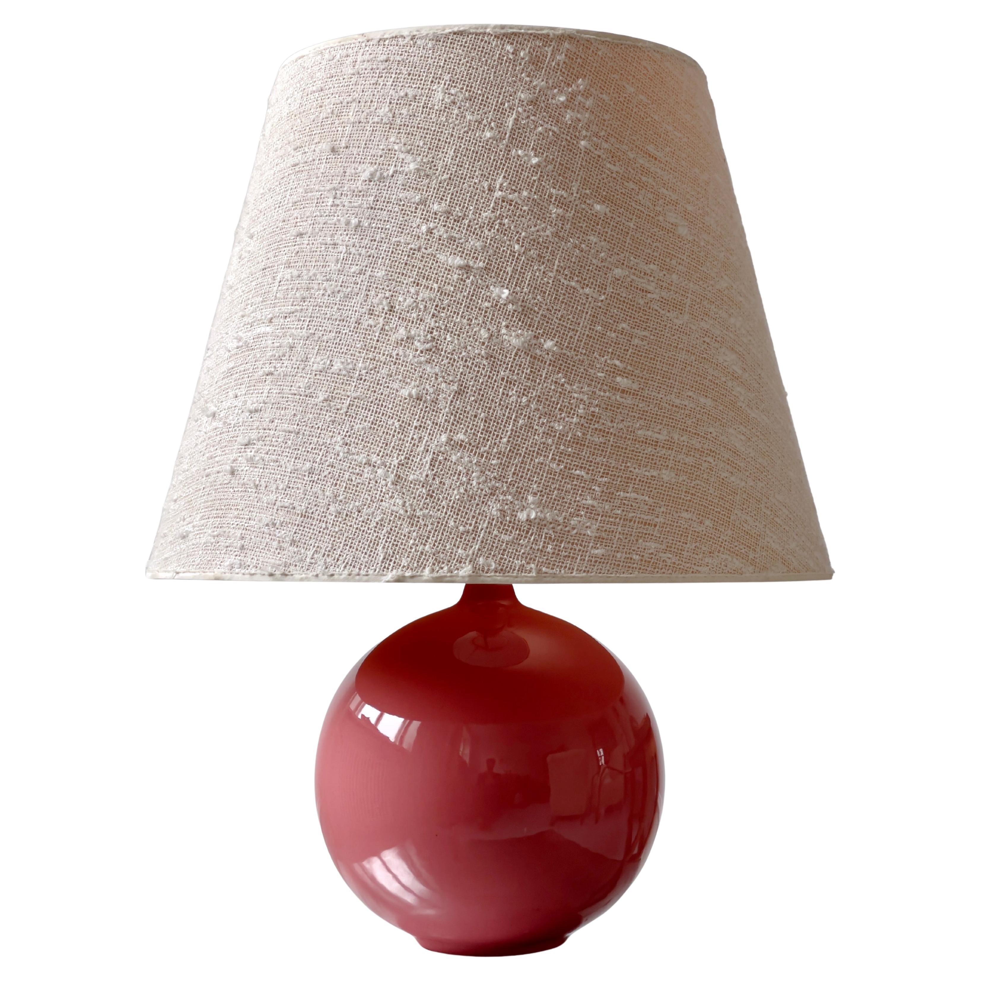 Large Round French Ceramic Table Lamp in in Rose Red Glaze