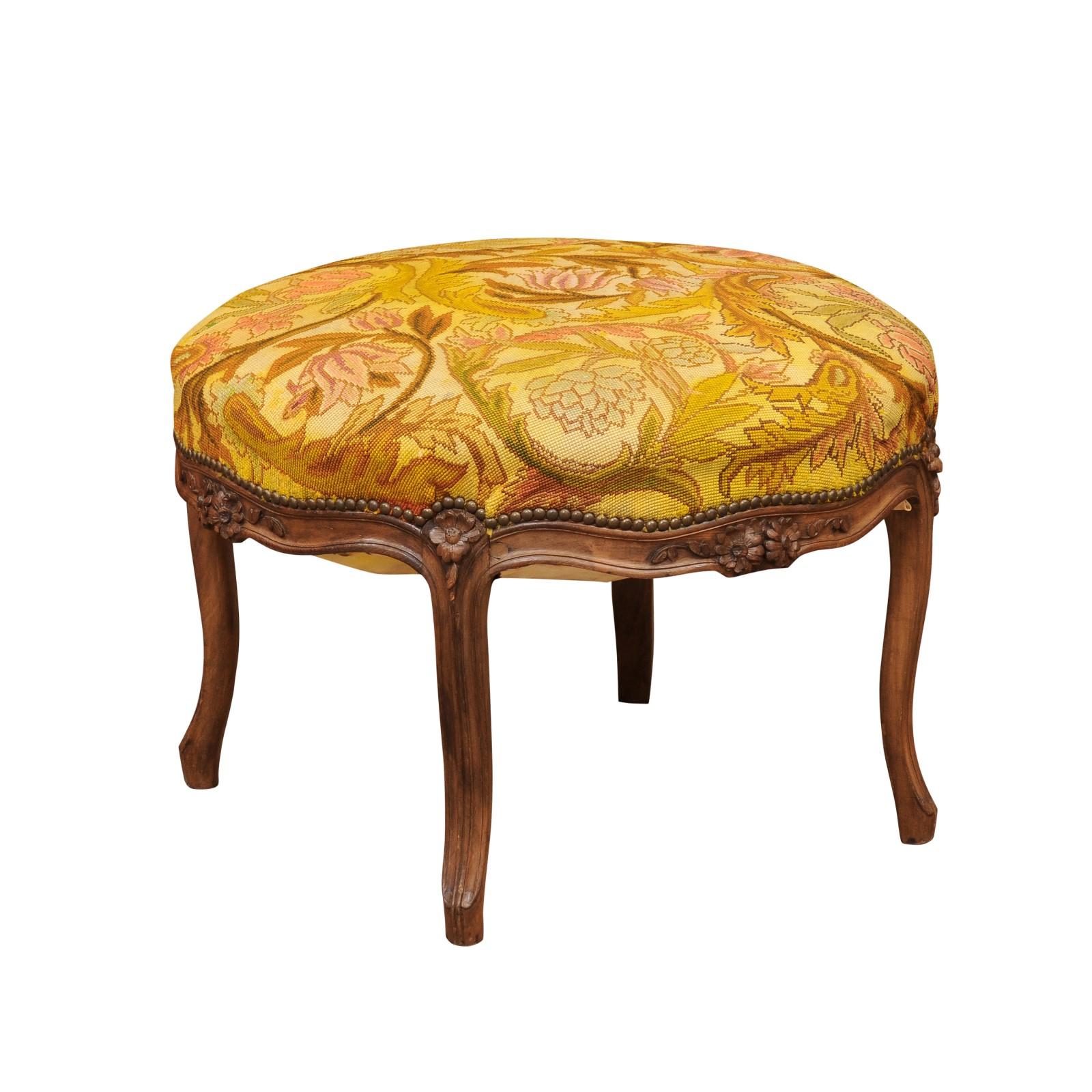 Large Round French Louis XV Walnut Bench with Yellow Needlepoint, ca. 1920 In Good Condition For Sale In Atlanta, GA