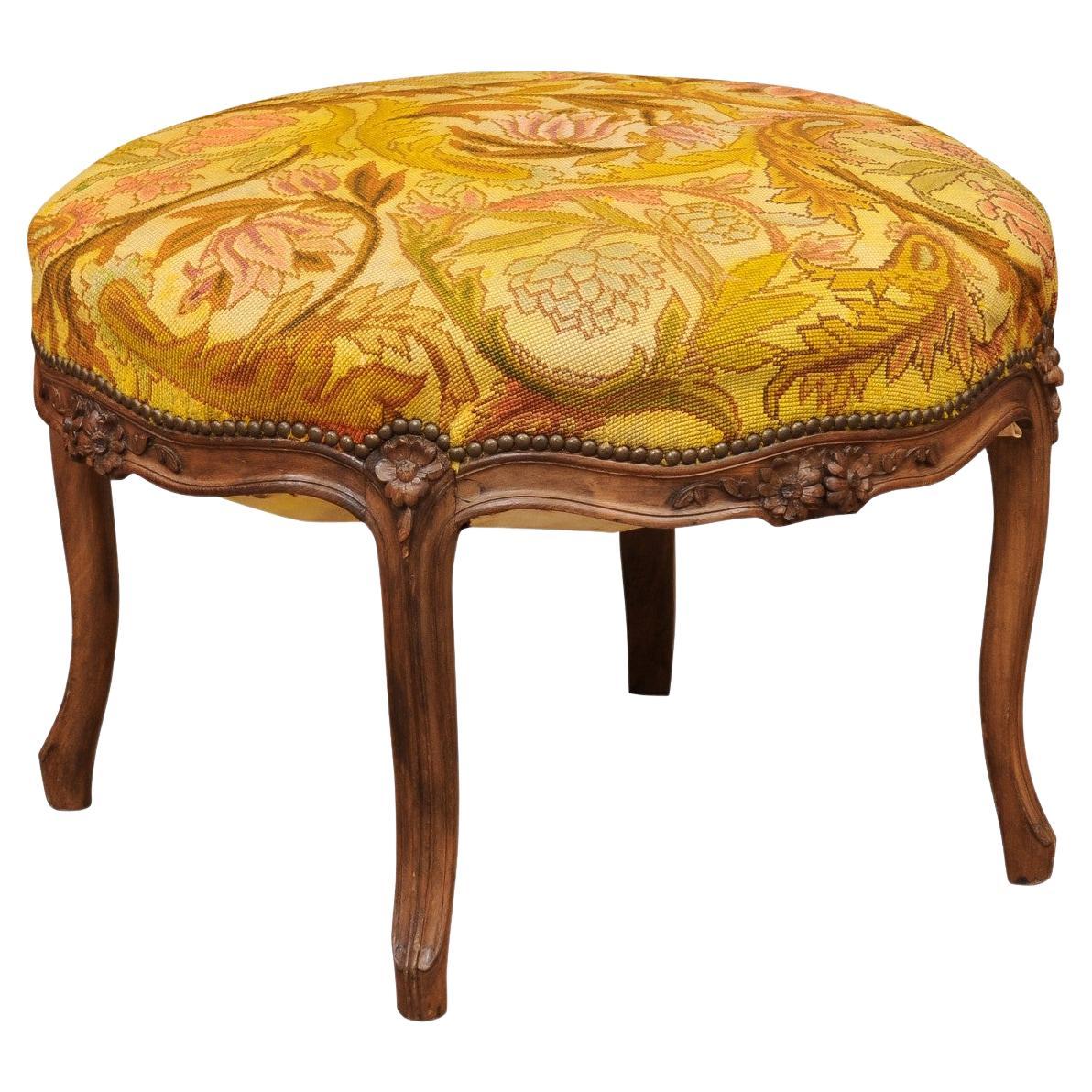 Large Round French Louis XV Walnut Bench with Yellow Needlepoint, ca. 1920 For Sale