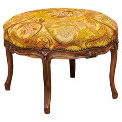 Large Round French Louis XV Walnut Bench with Yellow Needlepoint, ca. 1920