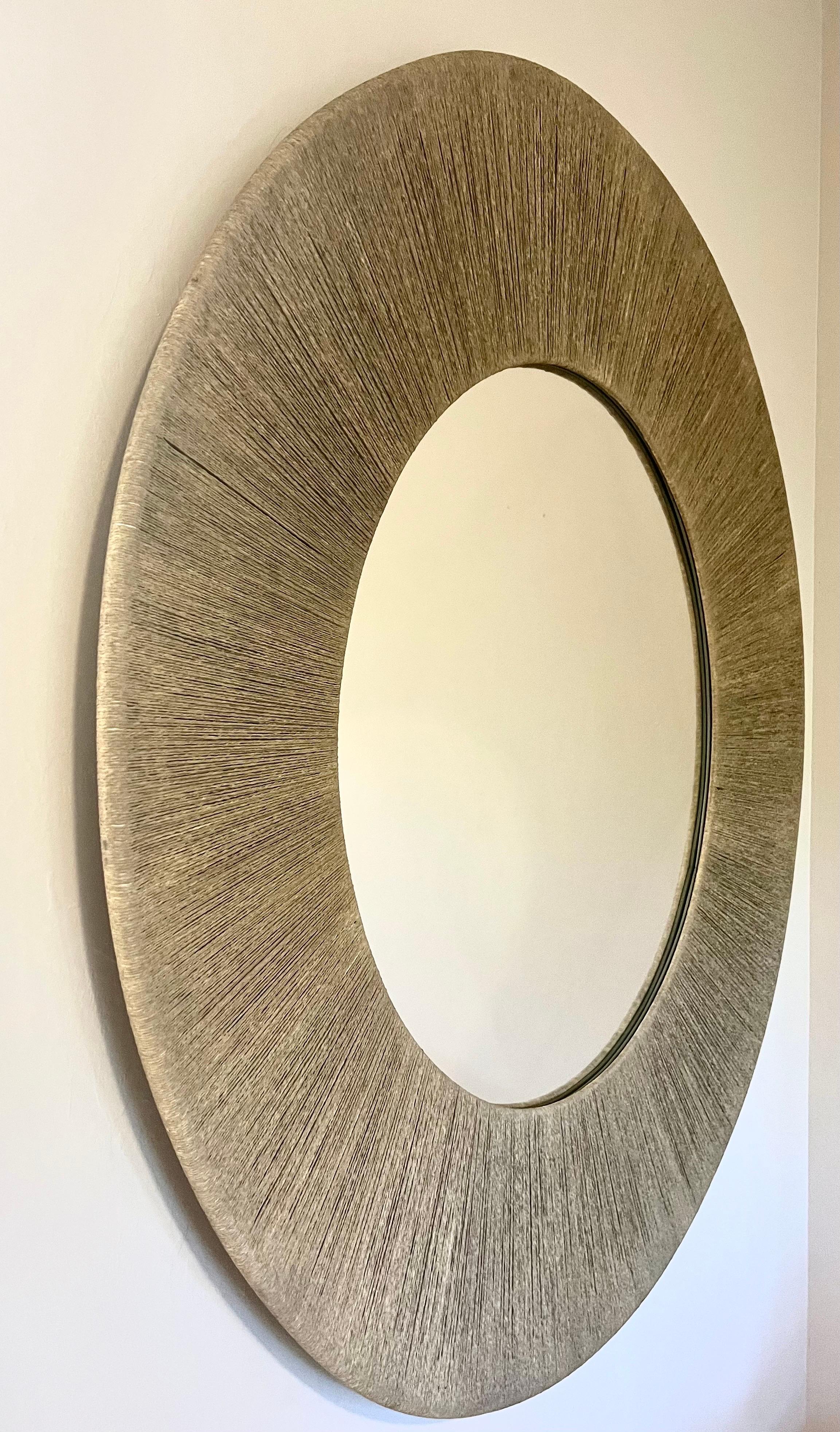 European Large Round French Modern Craftsman Sunburst Mirror in Cord & Rope, Audoux Minet For Sale