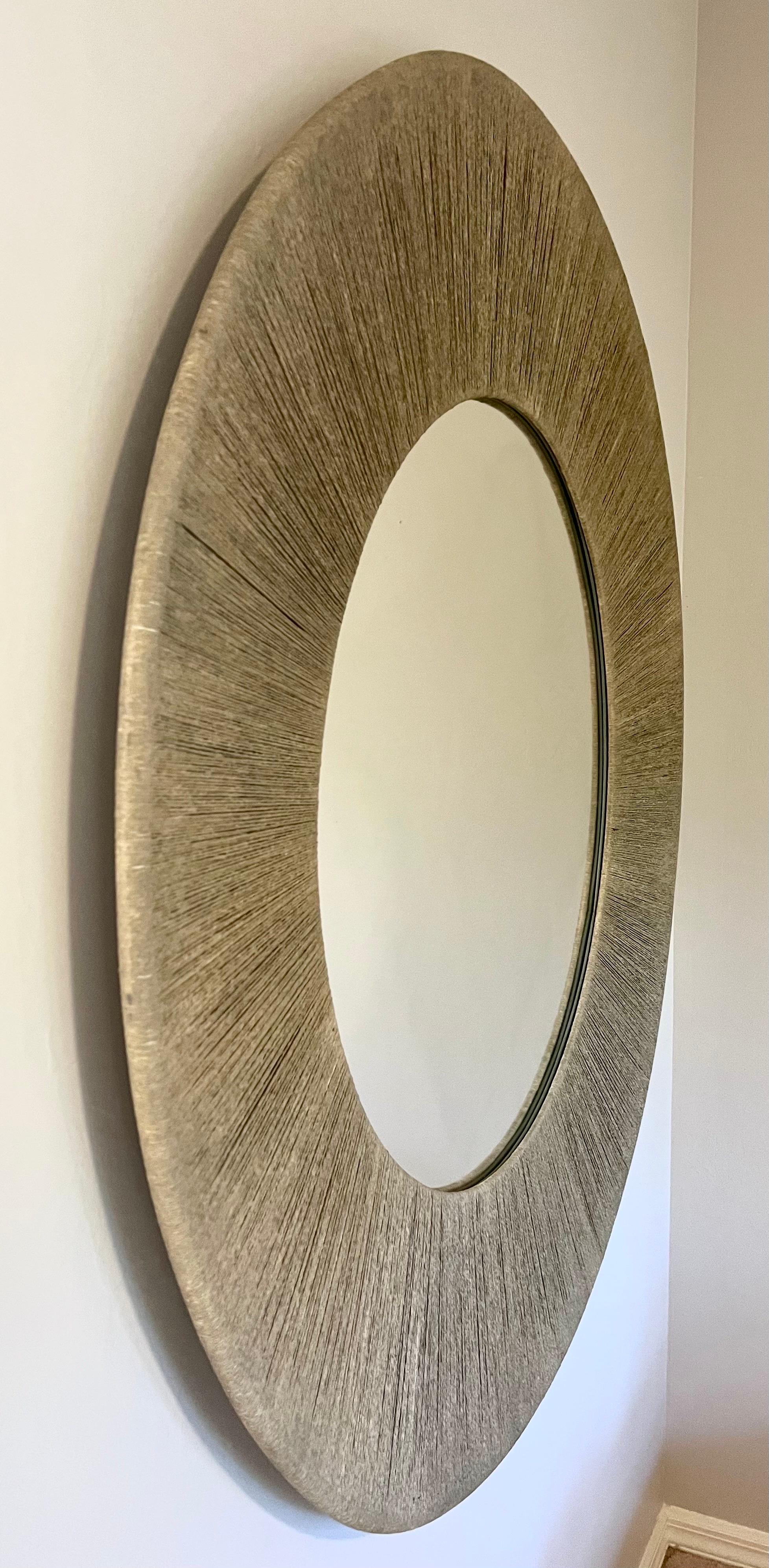 Hand-Crafted Large Round French Modern Craftsman Sunburst Mirror in Cord & Rope, Audoux Minet For Sale