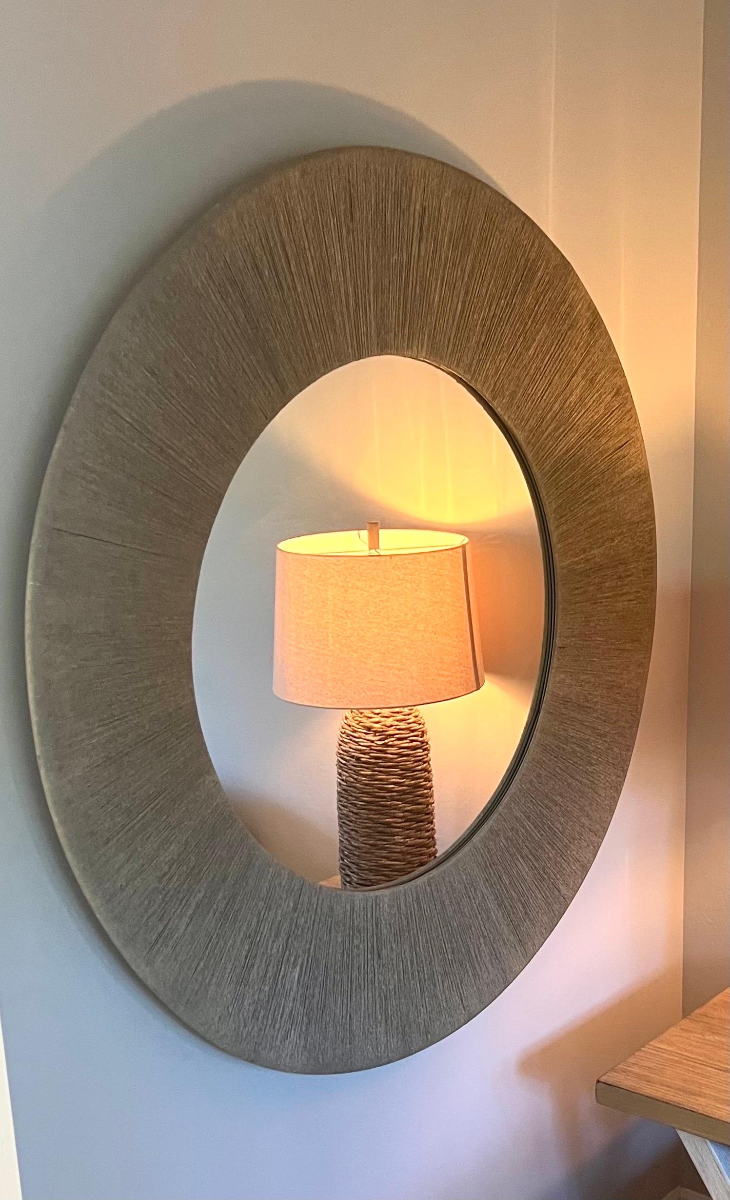 Large Round French Modern Craftsman Sunburst Mirror in Cord & Rope, Audoux Minet In Good Condition For Sale In New York, NY