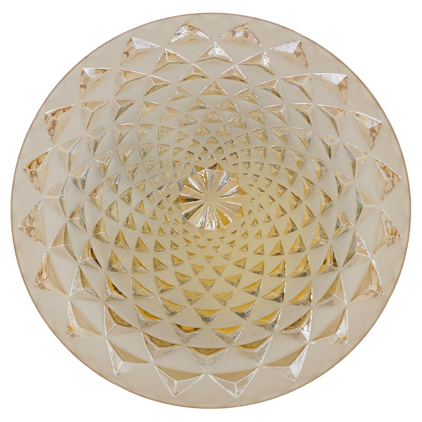 Large Round Geometric Satin Amber Glass Flush Mount Light or Wall Lamp, 1960s