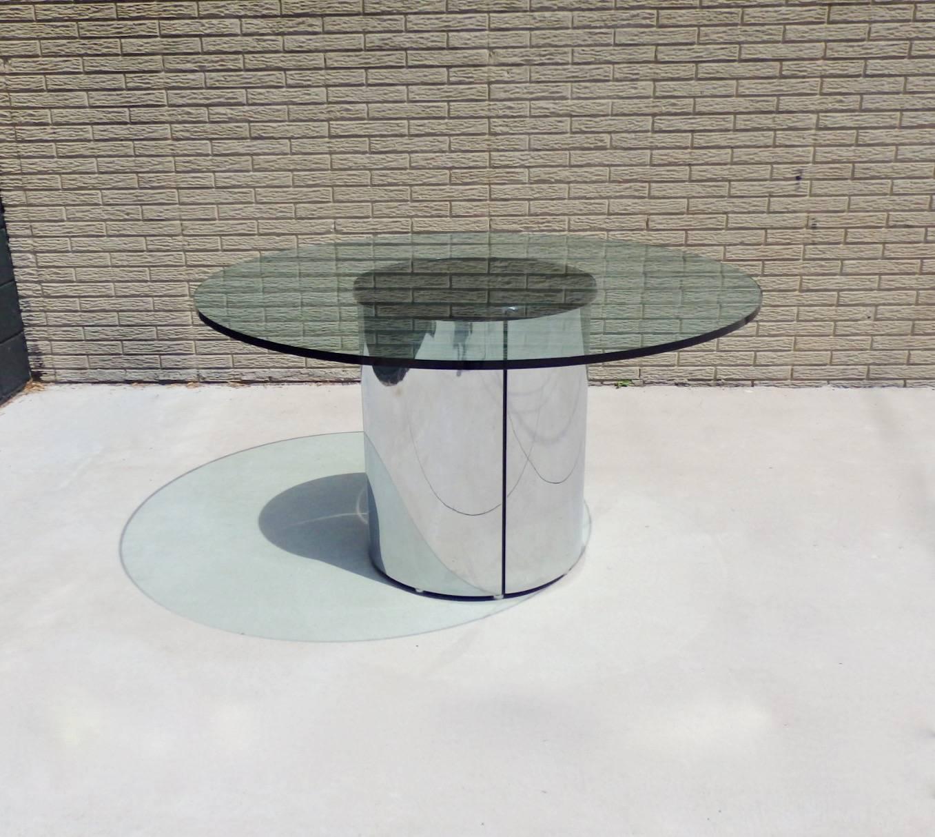 Mid-Century Modern Large Round Glass Top Pace Table with Stainless Steel Base