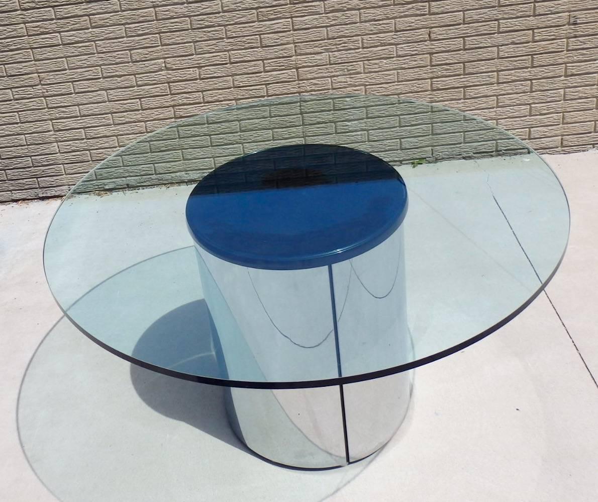 Polished Large Round Glass Top Pace Table with Stainless Steel Base